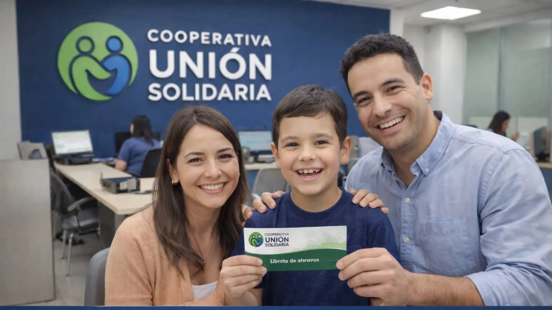 Familia con su libreta de la Cuenta Futuro de COOPUNI